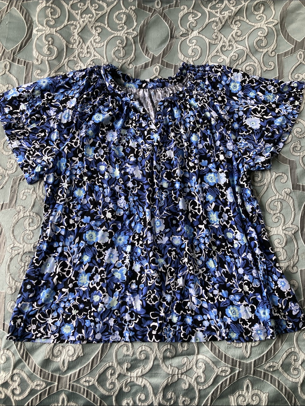 Croft & Barrow Blue Floral Short-Sleeve Top size XL